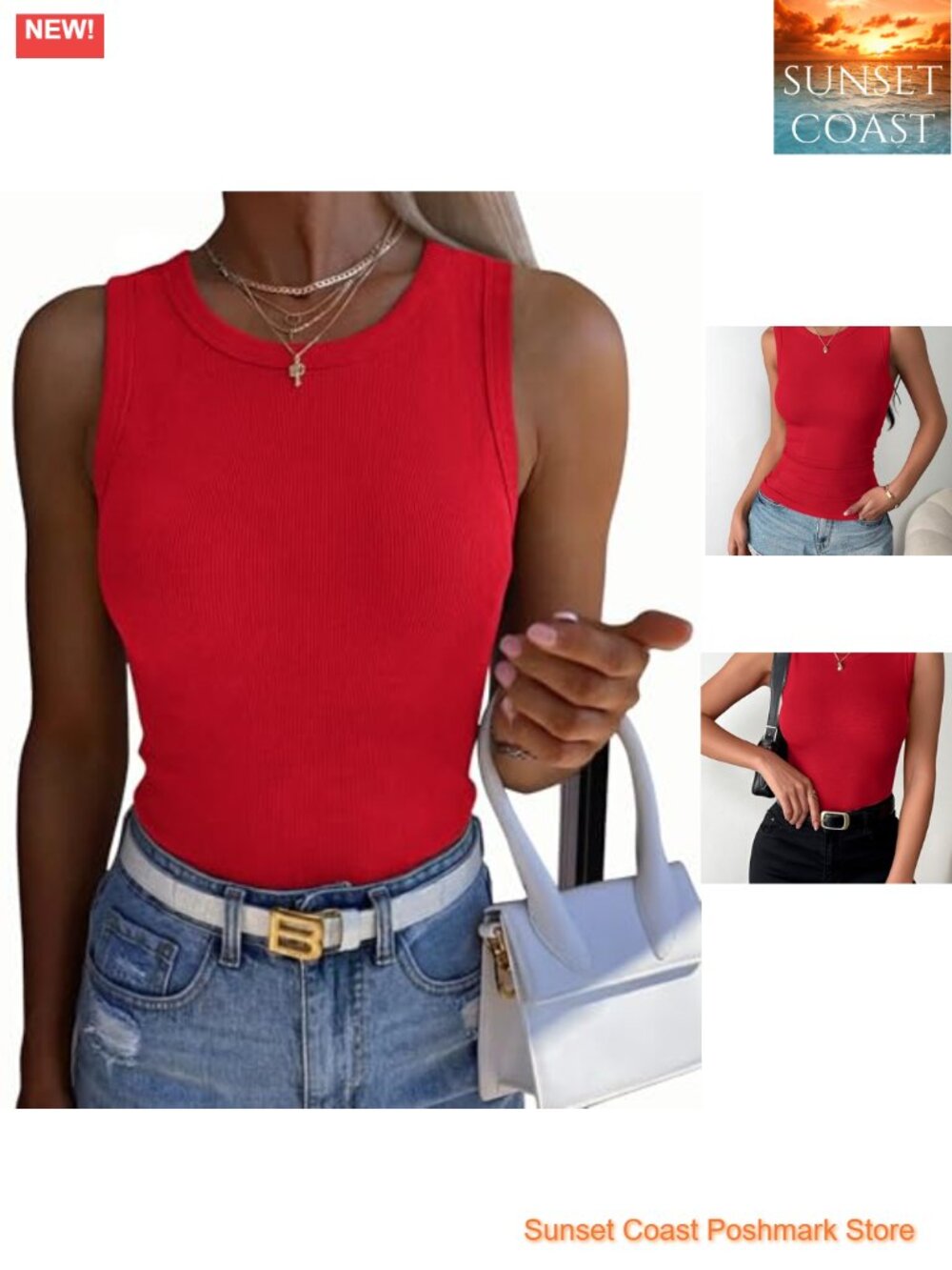Ribbed Knit Sleeveless Crewneck Tank Top Slim Fit Casual Summer Basic